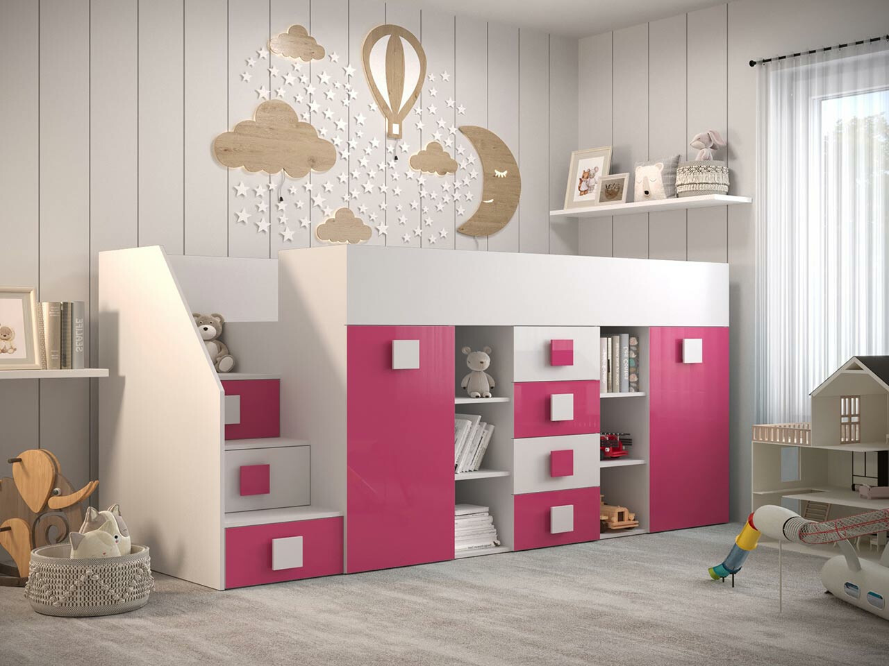 Izdignuti krevet Hartford 366 (Belo + Sjajno roze + Sjajno belo)