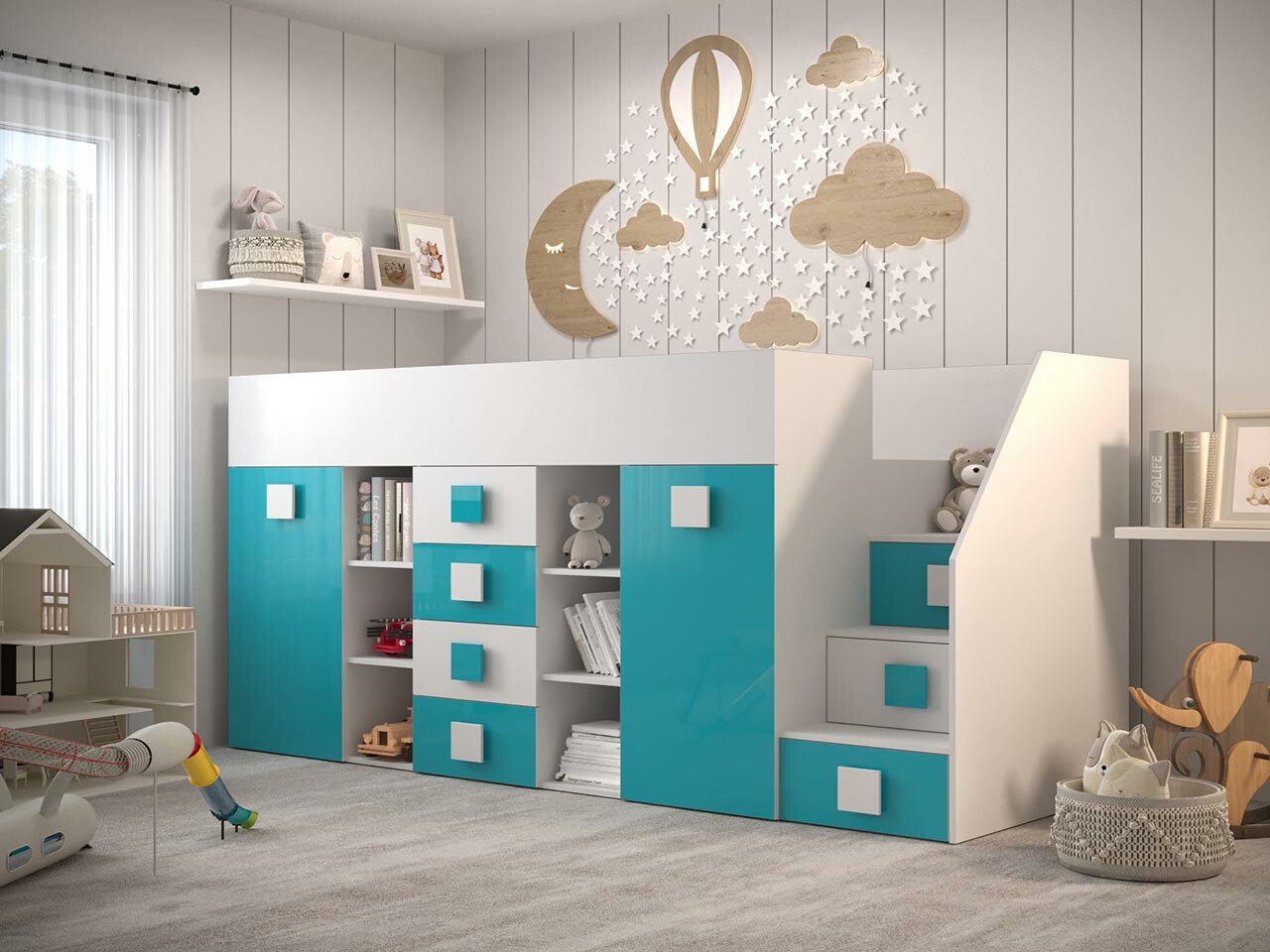 Izdignuti krevet Hartford 366 (Belo + Visoki sjaj Tirkizna + Sjajno belo)