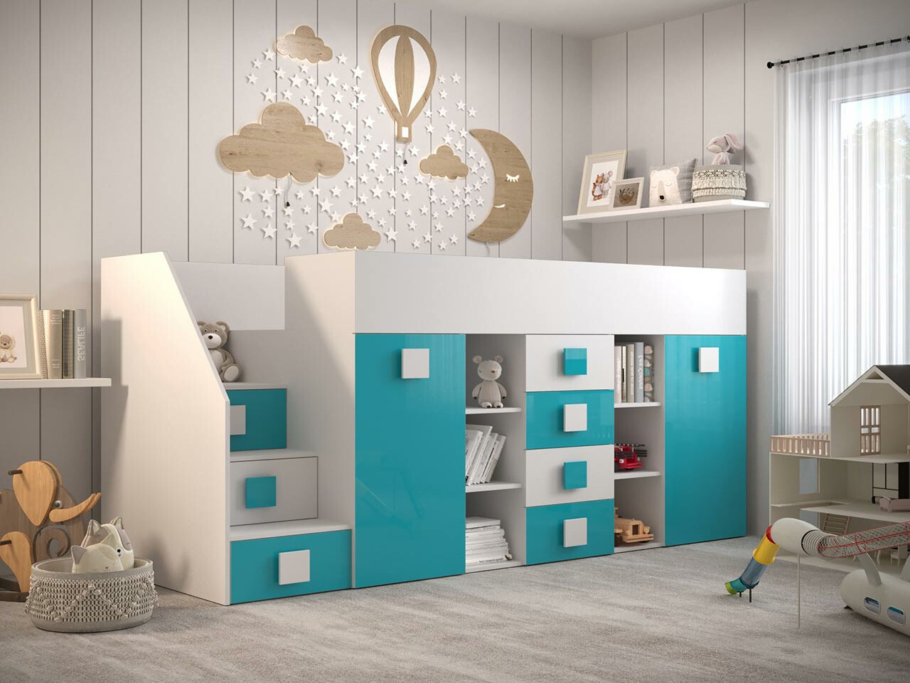 Izdignuti krevet Hartford 366 (Belo + Visoki sjaj Tirkizna + Sjajno belo)