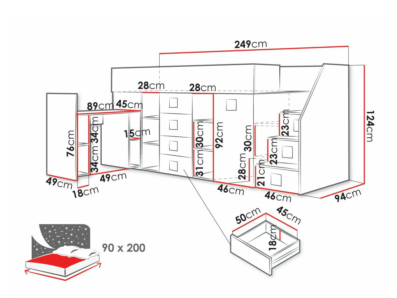 Izdignuti krevet Hartford 366 (Belo + Visoki sjaj Tirkizna + Sjajno belo)