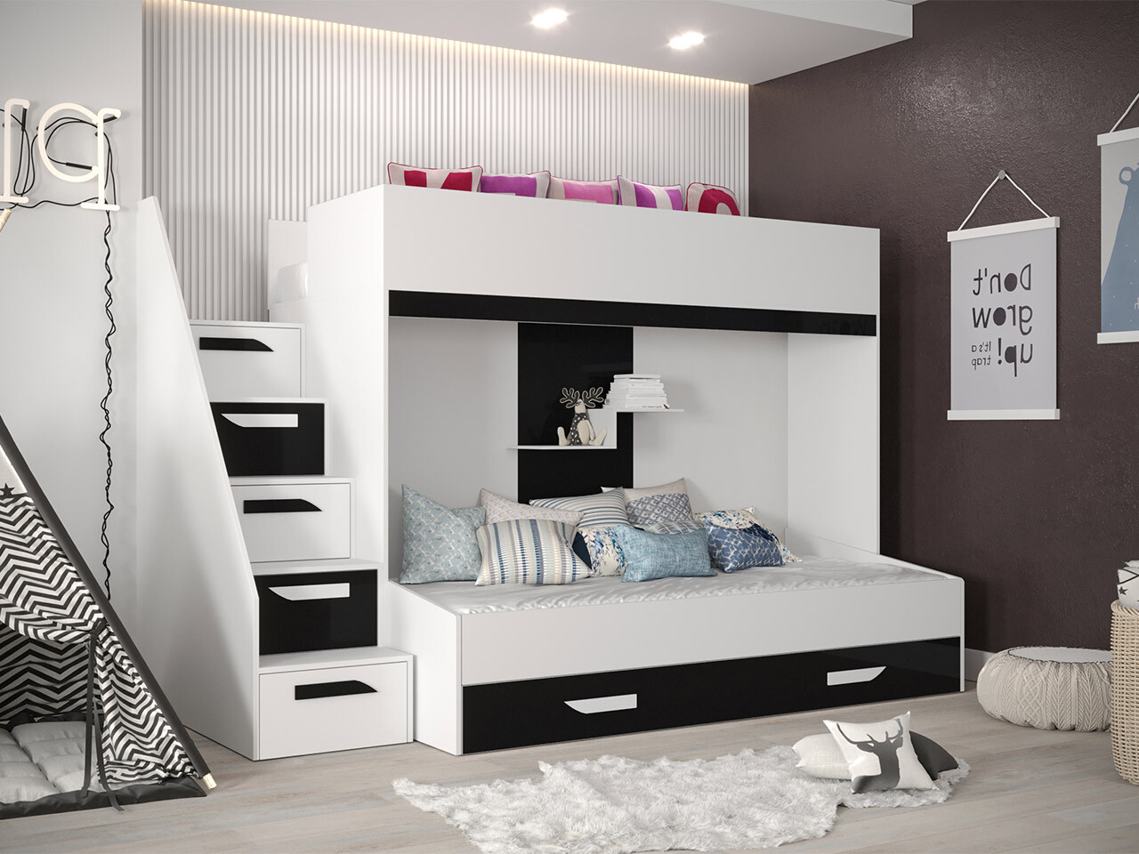 Krevet na sprat Hartford 356 (Belo + Crna visoki sjaj + Sjajno belo)