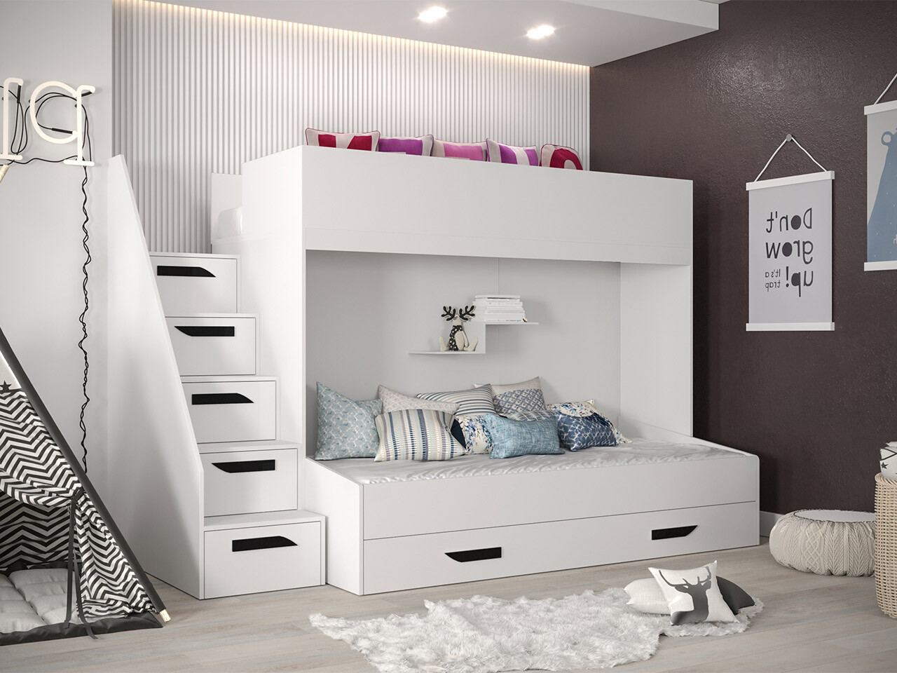 Krevet na sprat Hartford 356 (Belo + Sjajno belo + Crno)