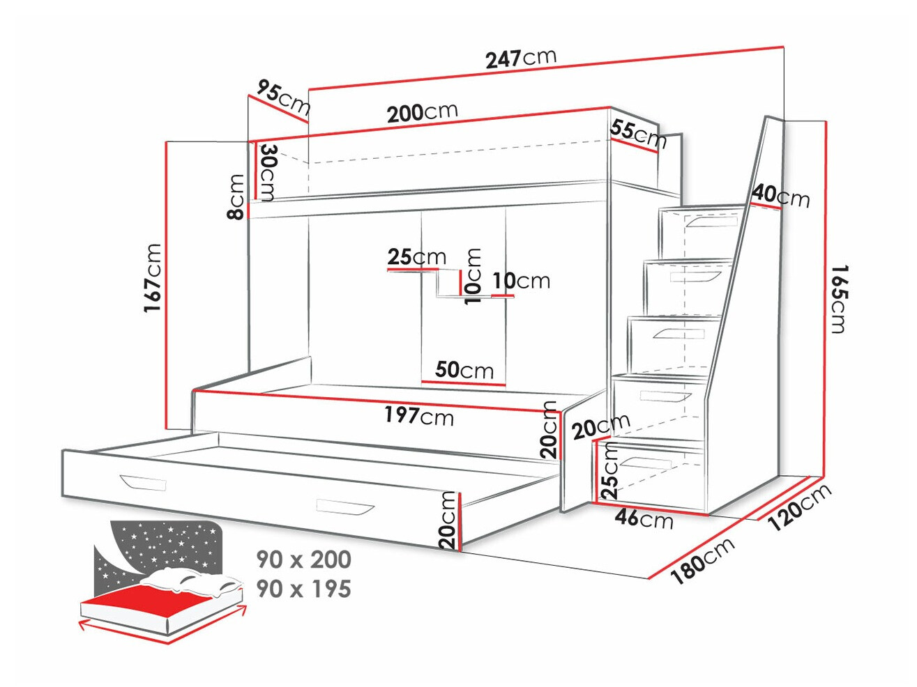 Krevet na sprat Hartford 356 (Belo + Visoki sjaj Tirkizna + Sjajno belo)