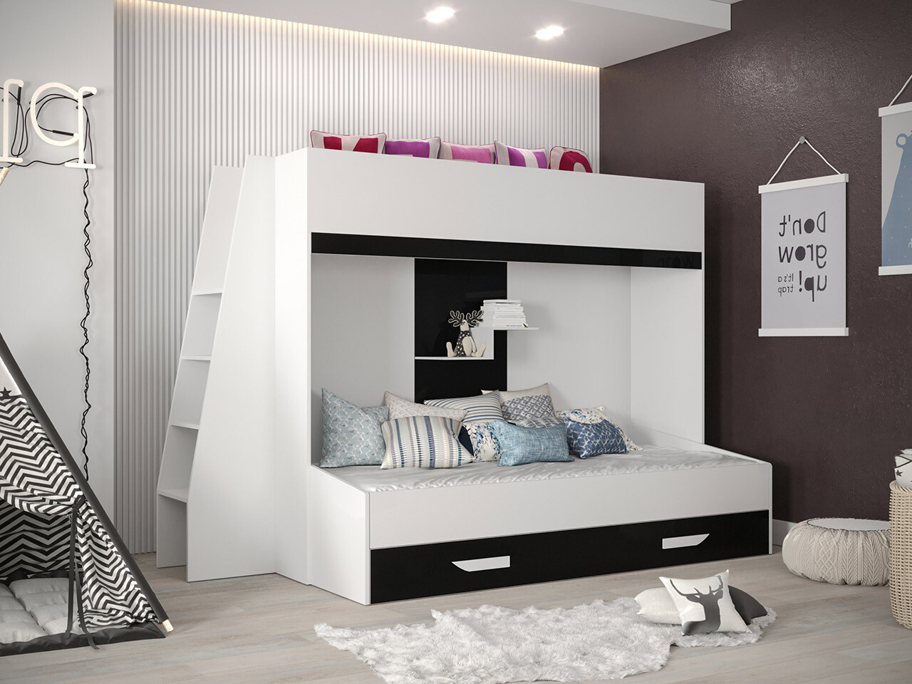 Krevet na sprat Hartford 357 (Belo + Crna visoki sjaj + Sjajno belo)