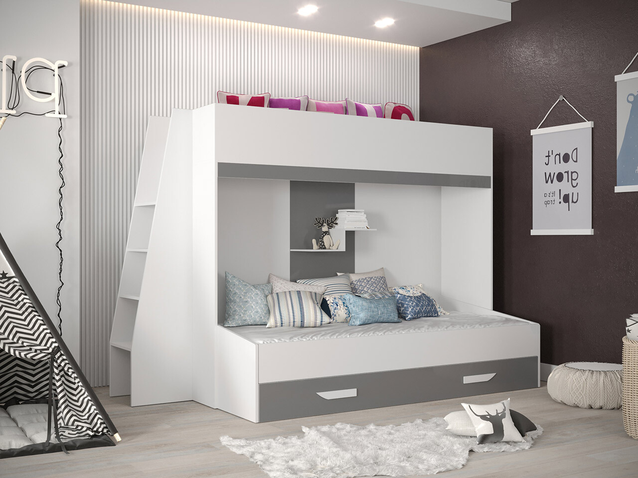 Krevet na sprat Hartford 357 (Belo + Sjaj siva + Sjajno belo)