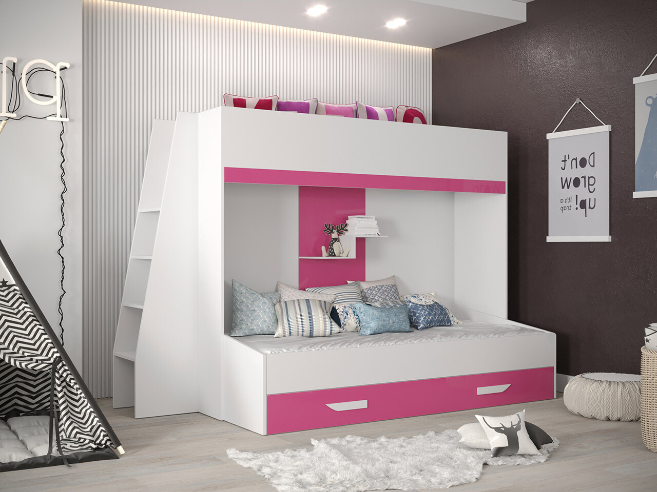 Krevet na sprat Hartford 357 (Belo + Sjajno roze + Sjajno belo)