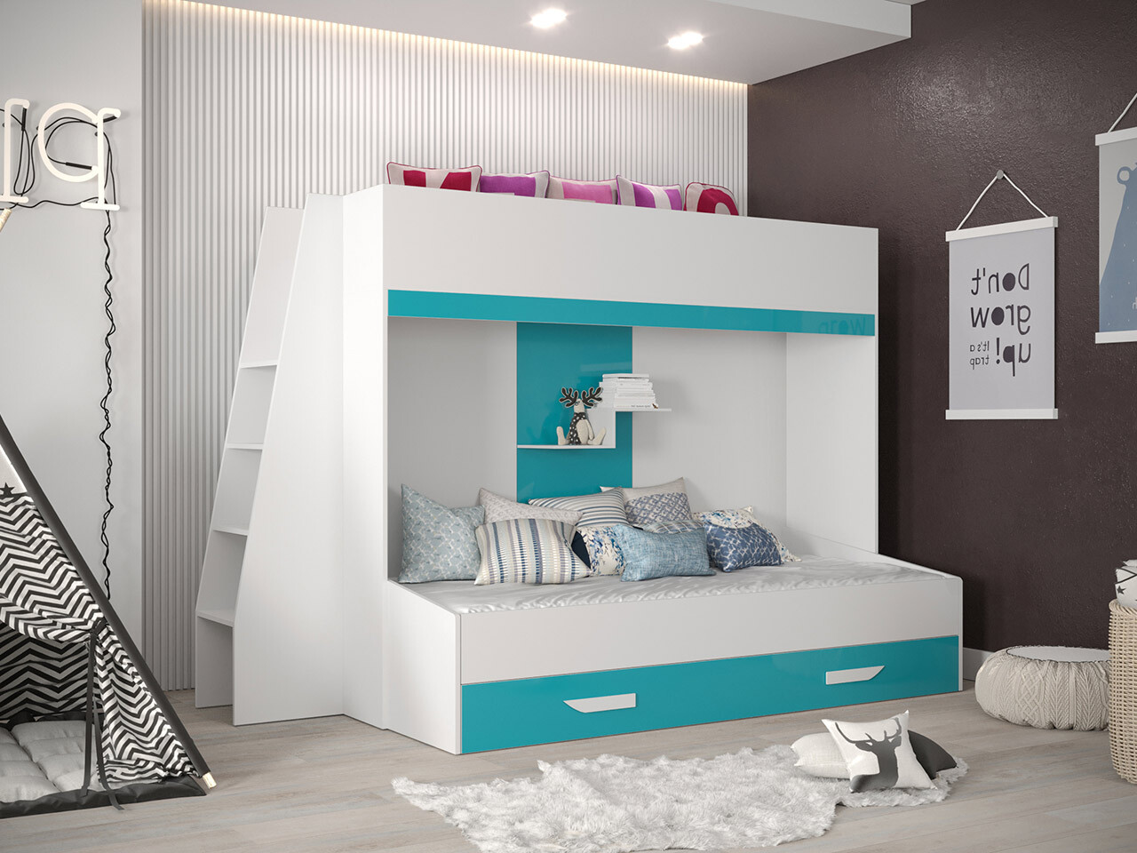 Krevet na sprat Hartford 357 (Belo + Visoki sjaj Tirkizna + Sjajno belo)