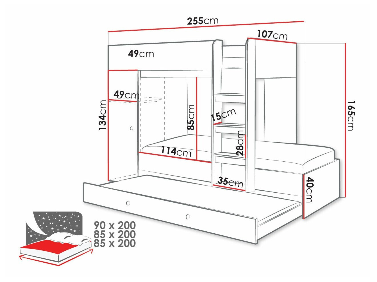 Krevet na sprat Hartford 360 (Zanatski hrast + Crno)