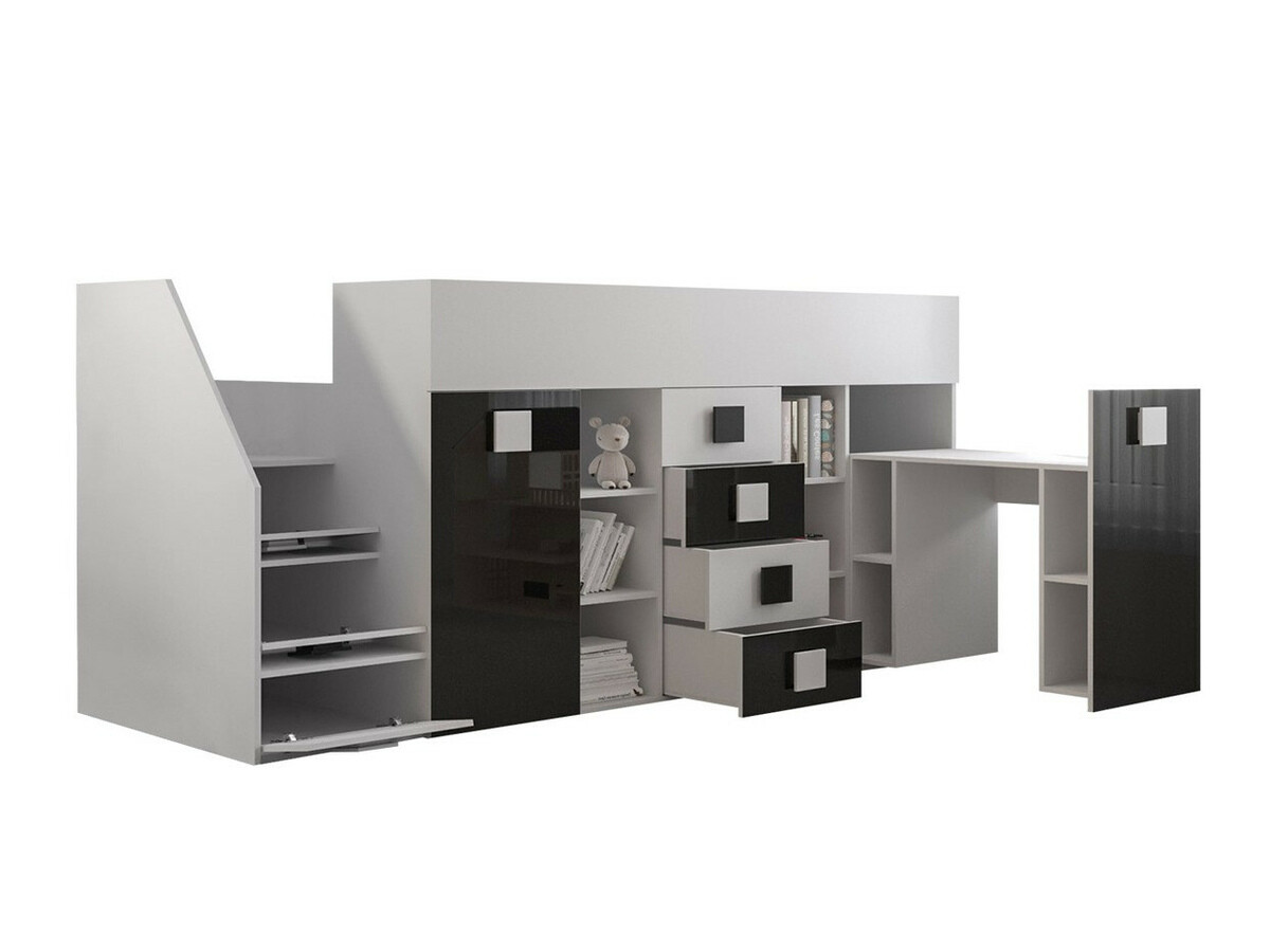 Izdignuti krevet Hartford 366 (Belo + Crna visoki sjaj + Sjajno belo)