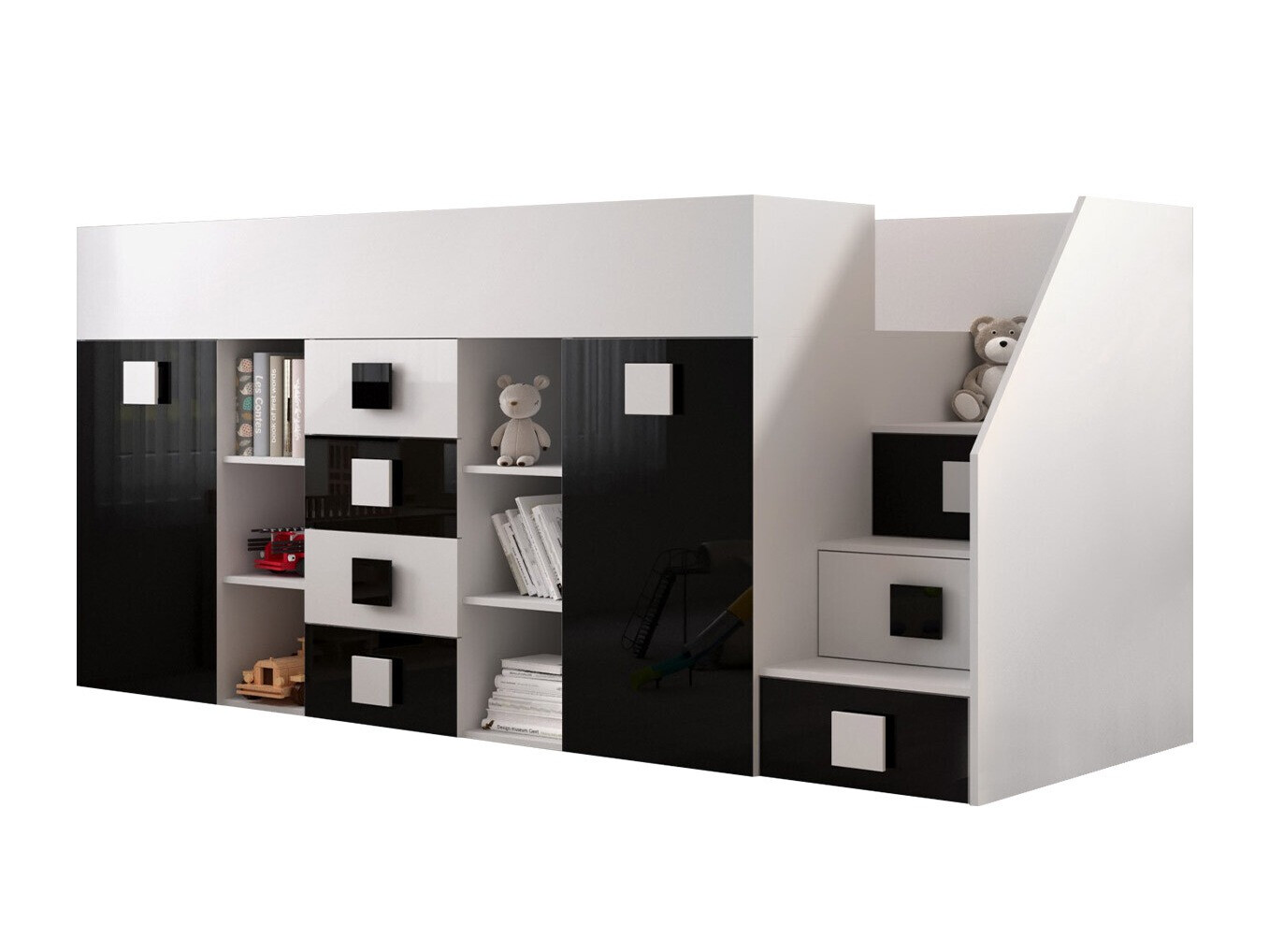 Izdignuti krevet Hartford 366 (Belo + Crna visoki sjaj + Sjajno belo)