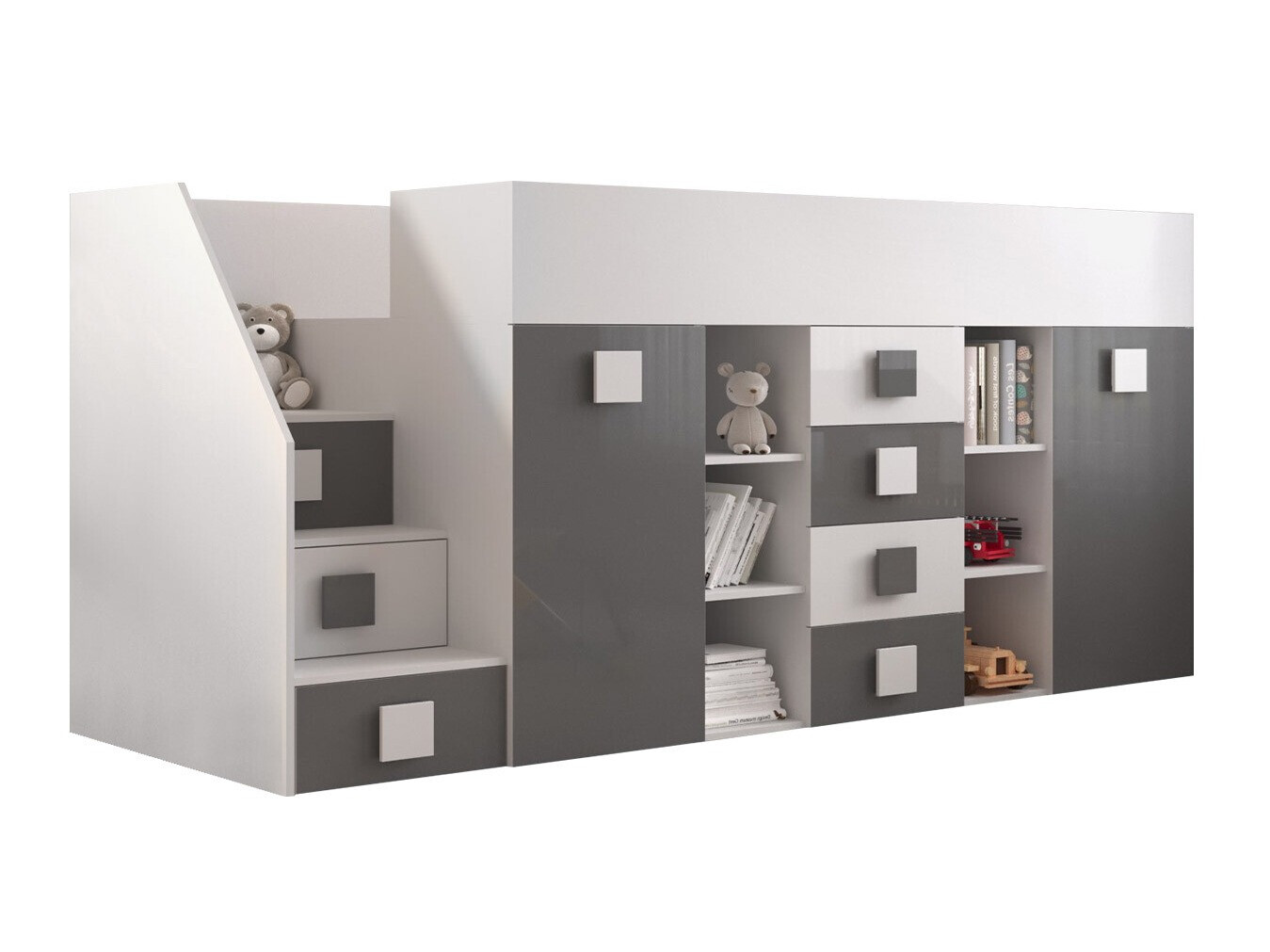 Izdignuti krevet Hartford 366 (Belo + Sjaj siva + Sjajno belo)