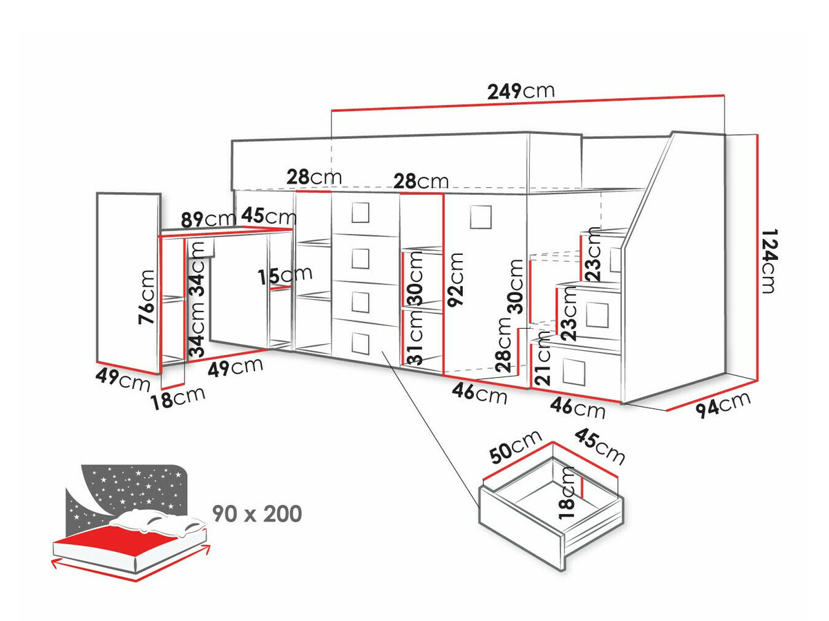 Izdignuti krevet Hartford 366 (Belo + Sjaj siva + Sjajno belo)