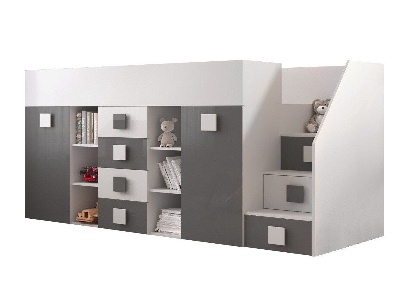 Izdignuti krevet Hartford 366 (Belo + Sjaj siva + Sjajno belo)