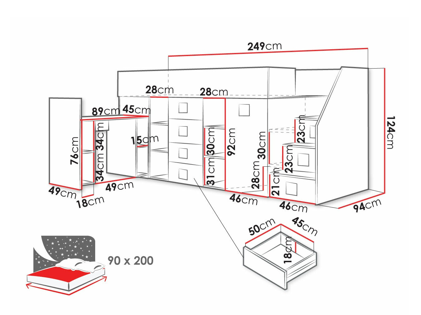 Izdignuti krevet Hartford 366 (Belo + Visoki sjaj Tirkizna + Sjajno belo)