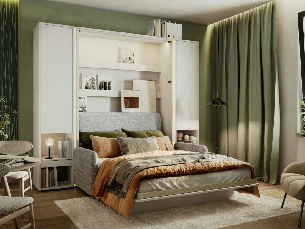 Zidni krevet Concept Pro Lenart VII (Sjajno belo + Sivo)