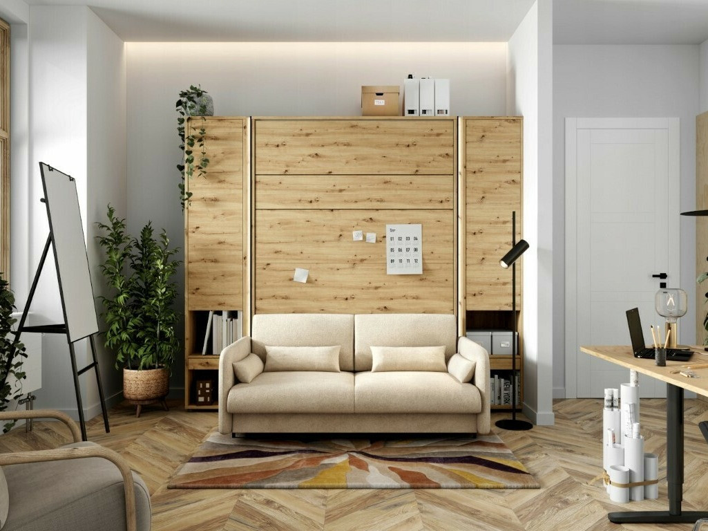 Zidni krevet Concept Pro Lenart Levfere 138 (Zanatski hrast + Bež)