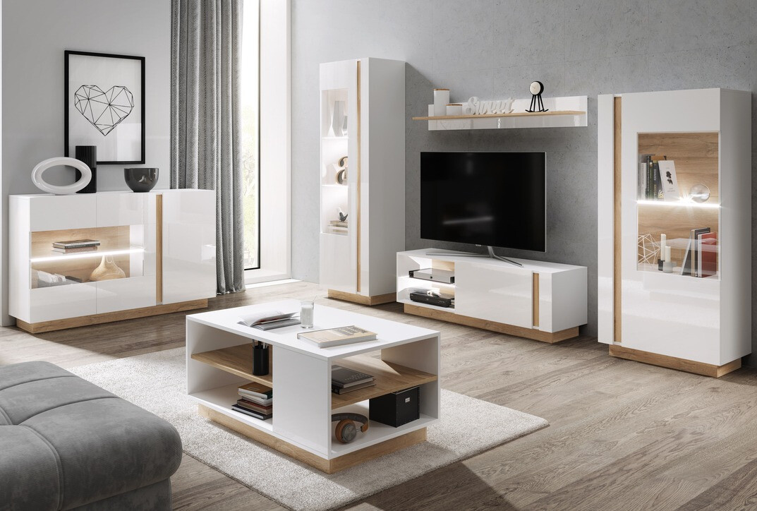 TV komoda Novbela 107 (Belo + Sjajno belo + Grandson hrast)