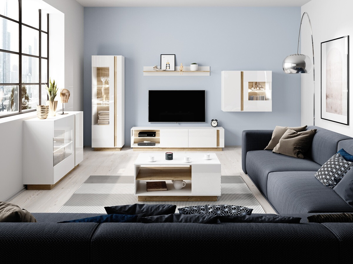 Zidna polica Novbela 112 (Belo + Sjajno belo + Grandson hrast)