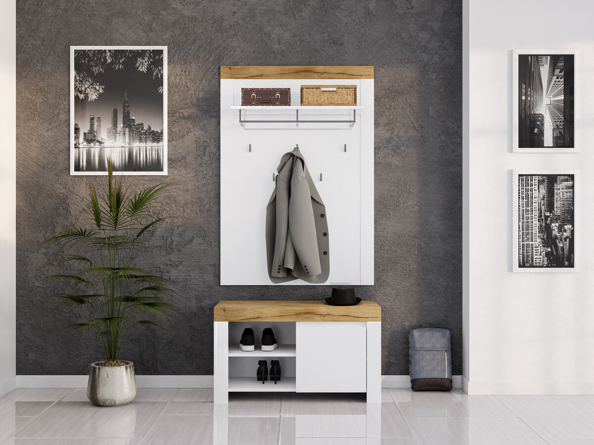 Set za hodnik Sonsoru 140 (Belo + Sjajno belo + Hrast Votan)