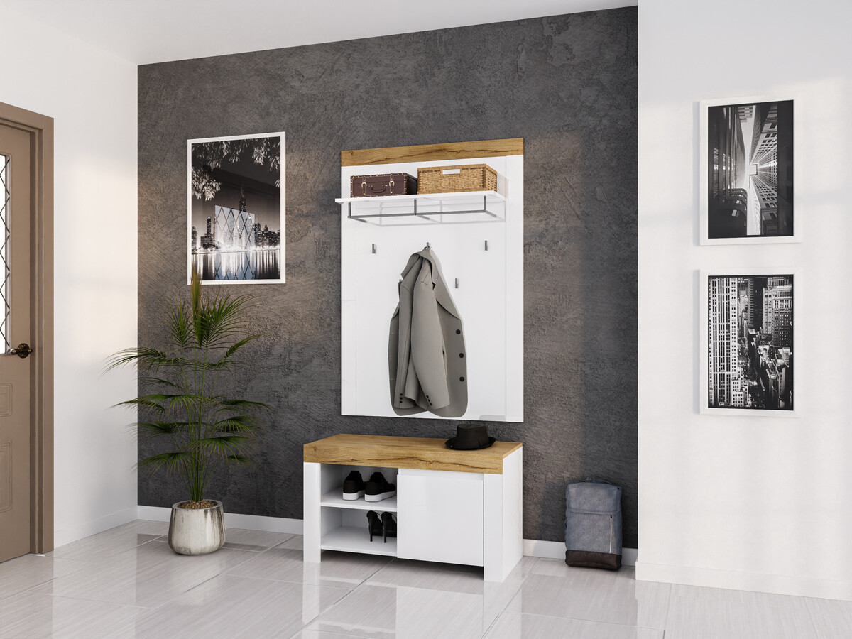 Set za hodnik Sonsoru 140 (Belo + Sjajno belo + Вотан храст)