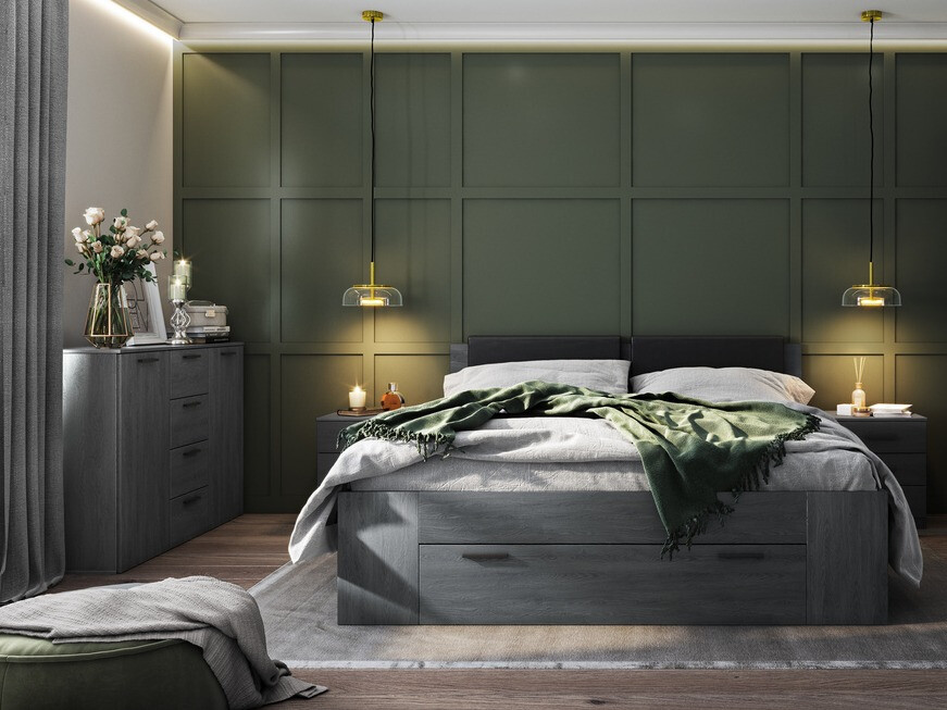 Komoda Levruvu 108 (Sivi hrast + Crno)