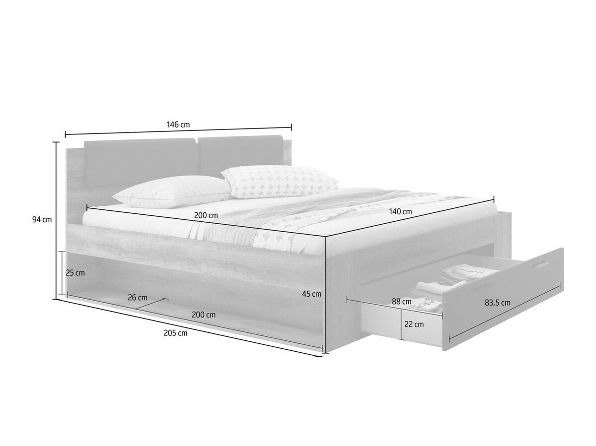 Krevet Levruvu 111 (Sivi hrast + Crno)