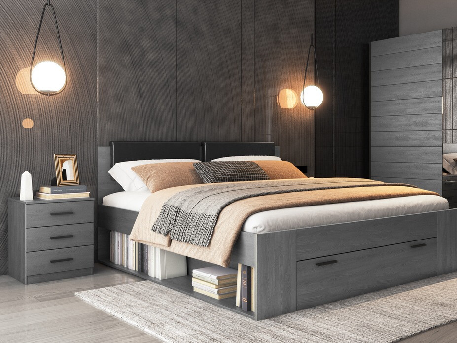 Noćni ormarić Levruvu 107 (Sivi hrast + Crno)