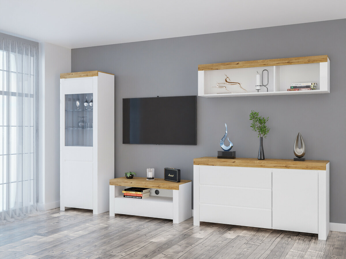 Set za dnevnu sobu Sonsoru 144 (Belo + Sjajno belo + Hrast Votan)