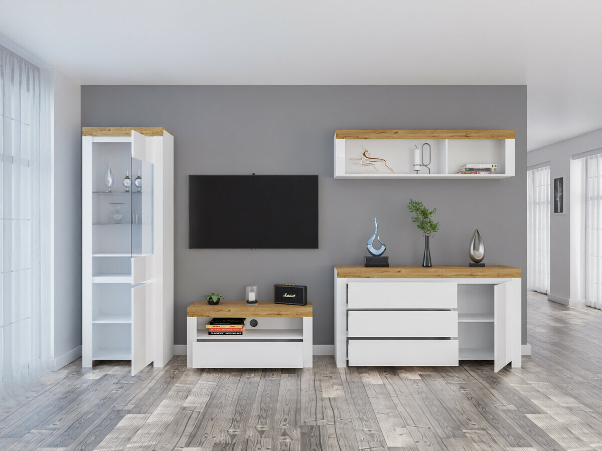 Set za dnevnu sobu Sonsoru 144 (Belo + Sjajno belo + Hrast Votan)