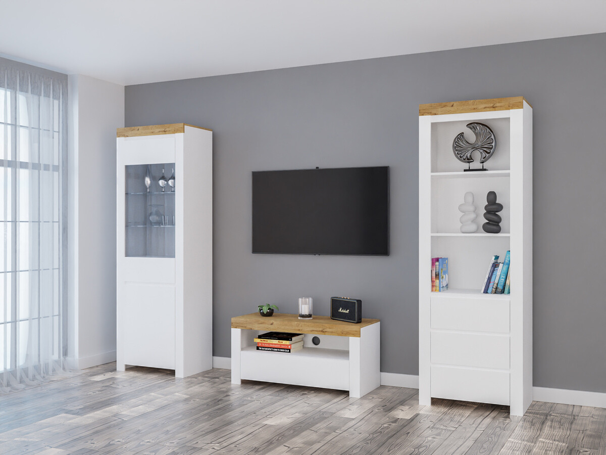 Set za dnevnu sobu Sonsoru 145 (Belo + Sjajno belo + Hrast Votan)