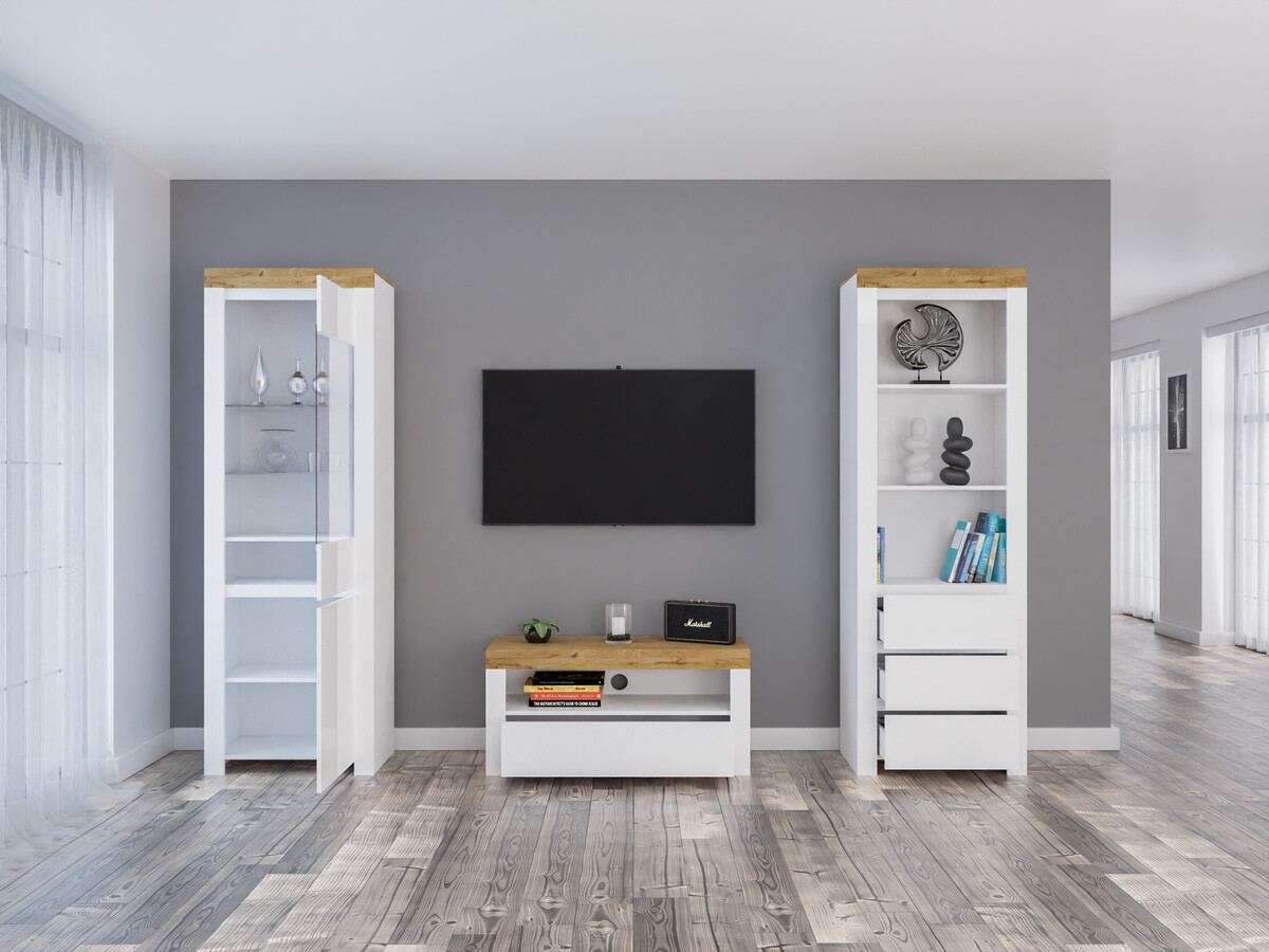 Set za dnevnu sobu Sonsoru 145 (Belo + Sjajno belo + Вотан храст)