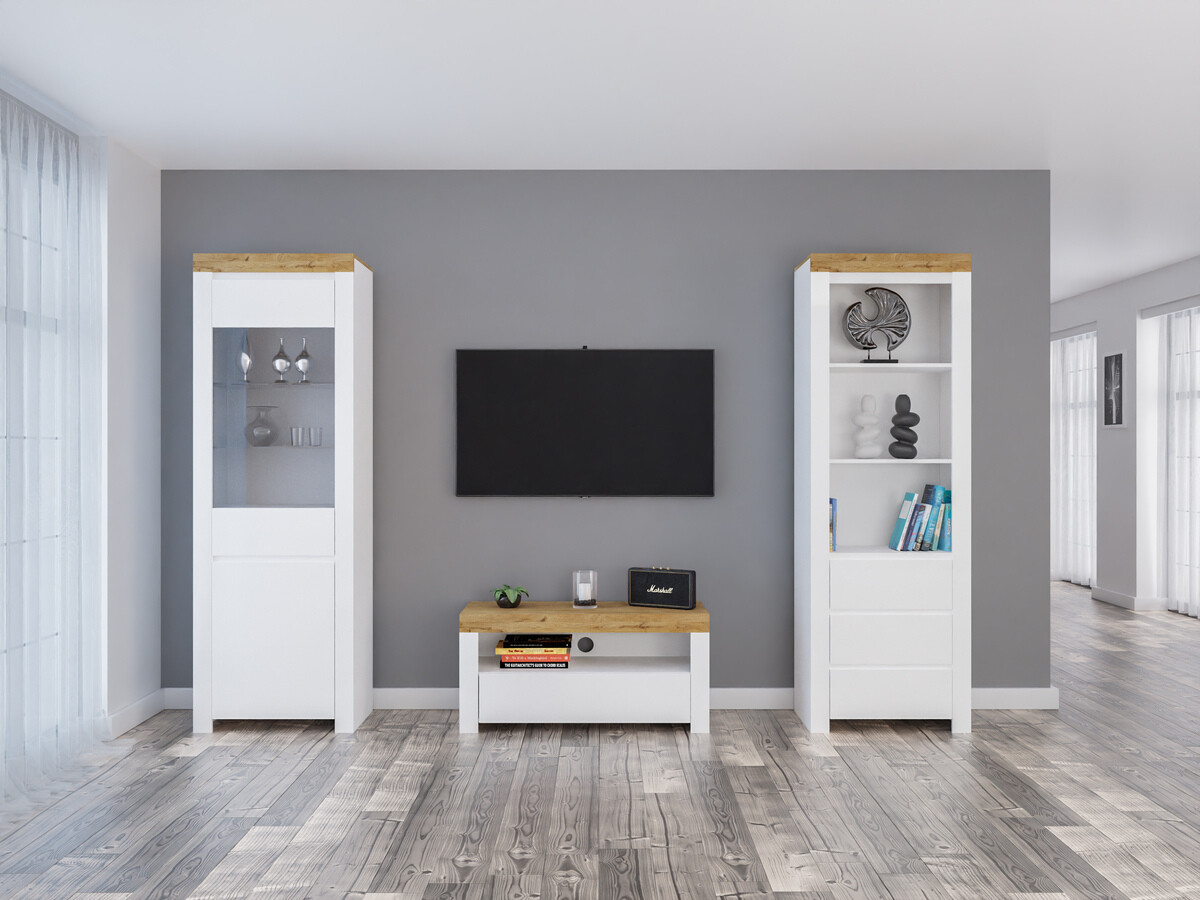 Set za dnevnu sobu Sonsoru 145 (Belo + Sjajno belo + Вотан храст)