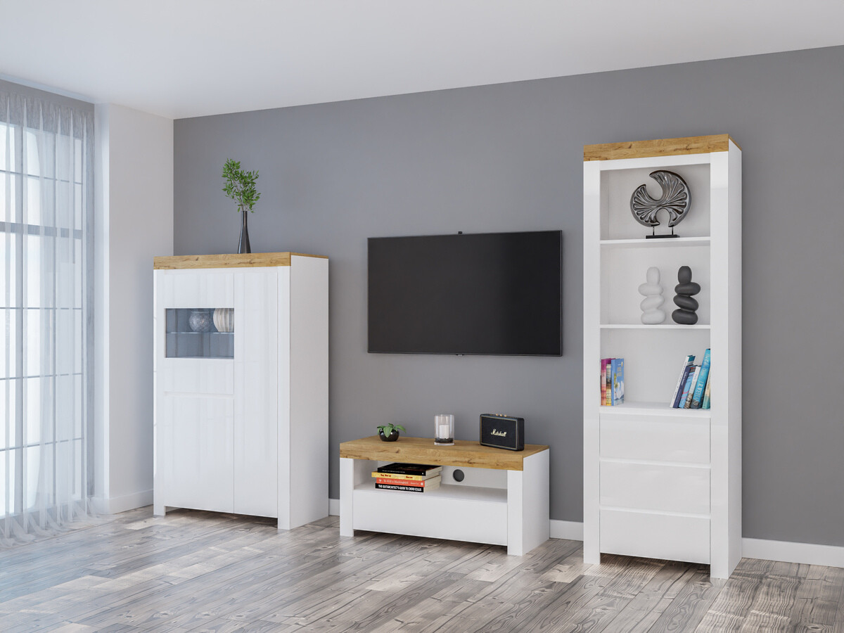 Set za dnevnu sobu Sonsoru 146 (Belo + Sjajno belo + Hrast Votan)