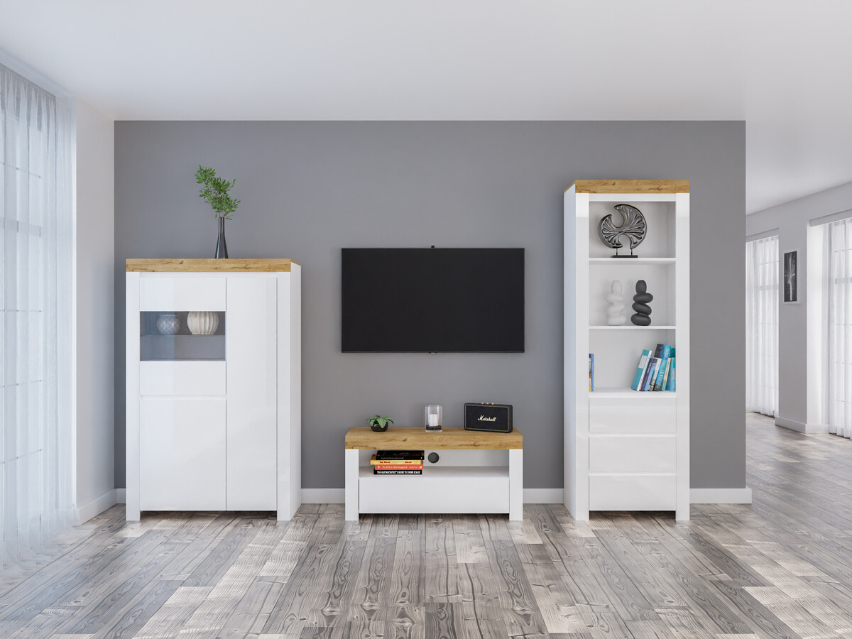 Set za dnevnu sobu Sonsoru 146 (Belo + Sjajno belo + Вотан храст)