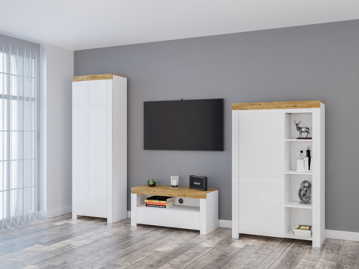 Set za dnevnu sobu Sonsoru 147 (Belo + Sjajno belo + Hrast Votan)