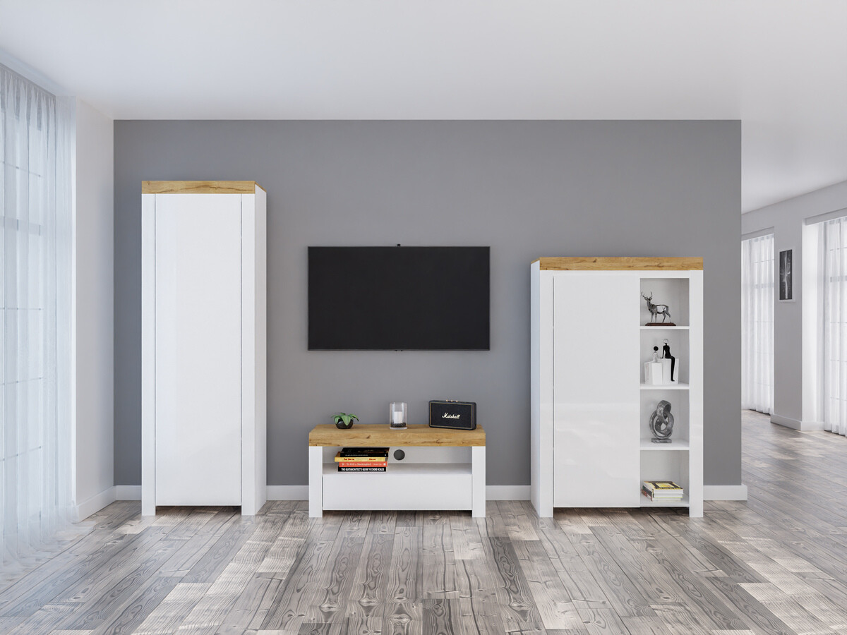 Set za dnevnu sobu Sonsoru 147 (Belo + Sjajno belo + Вотан храст)