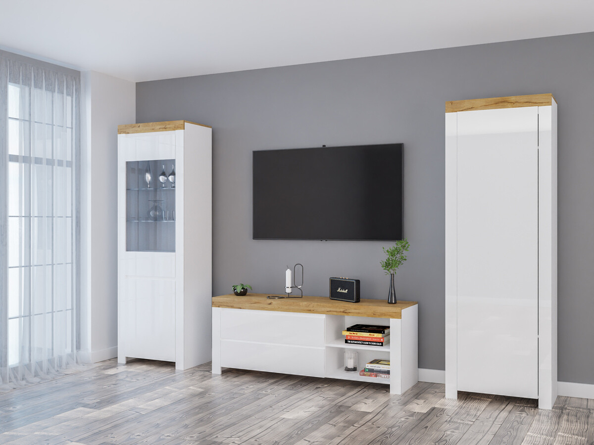 Set za dnevnu sobu Sonsoru 148 (Belo + Sjajno belo + Hrast Votan)