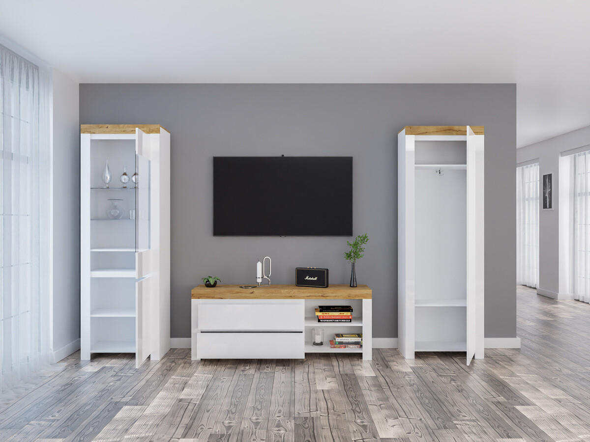 Set za dnevnu sobu Sonsoru 148 (Belo + Sjajno belo + Hrast Votan)