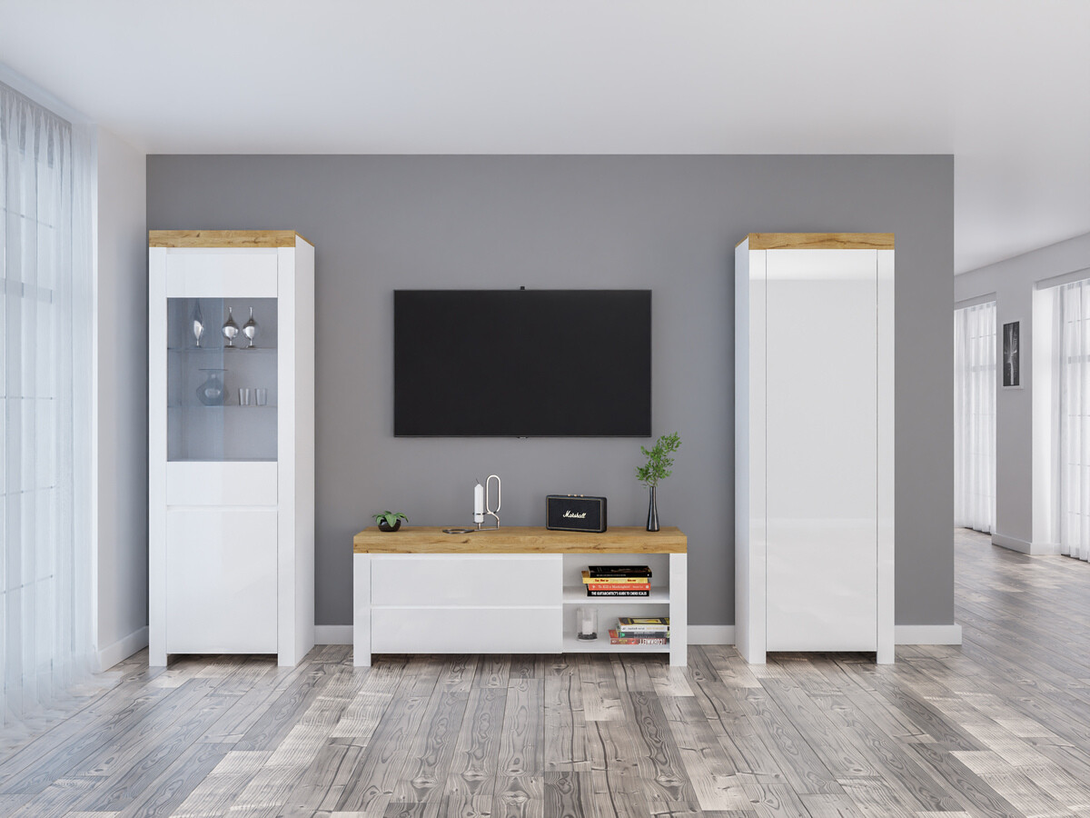 Set za dnevnu sobu Sonsoru 148 (Belo + Sjajno belo + Hrast Votan)