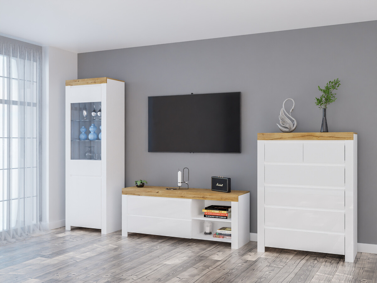 Set za dnevnu sobu Sonsoru 149 (Belo + Sjajno belo + Hrast Votan)