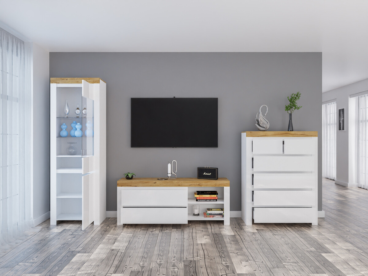 Set za dnevnu sobu Sonsoru 149 (Belo + Sjajno belo + Hrast Votan)