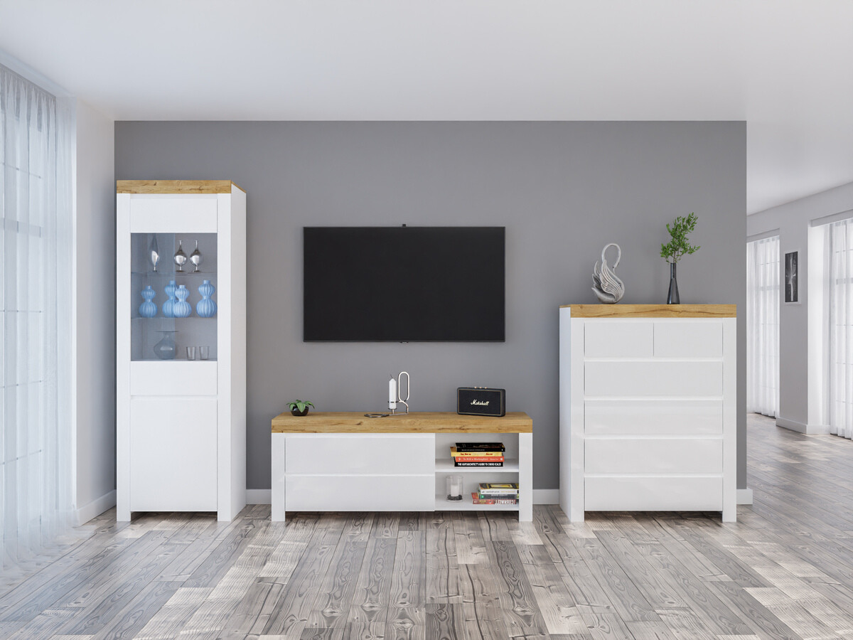 Set za dnevnu sobu Sonsoru 149 (Belo + Sjajno belo + Hrast Votan)