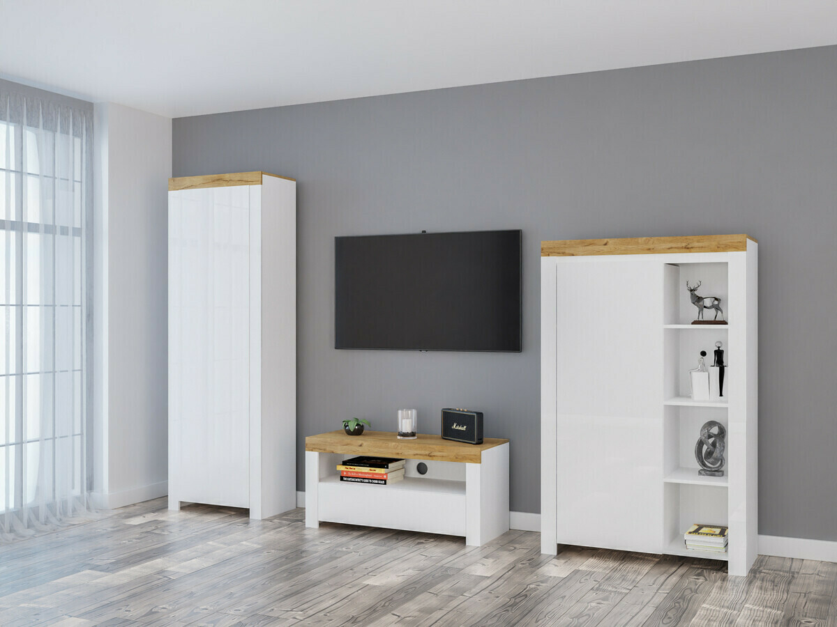 TV komoda Sonsoru 107 (Belo + Sjajno belo + Hrast Votan)