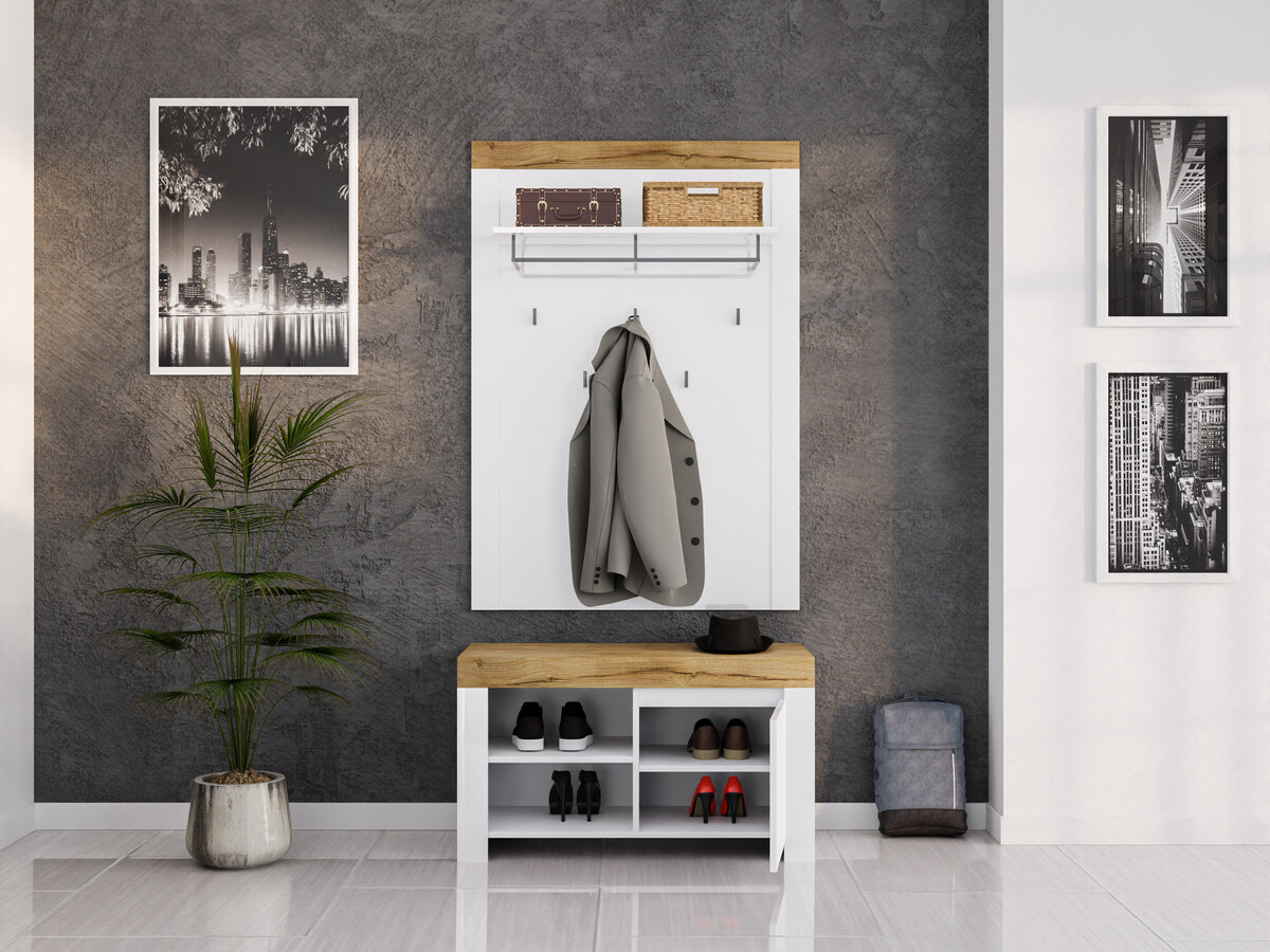 Set za hodnik Sonsoru 140 (Belo + Sjajno belo + Hrast Votan)