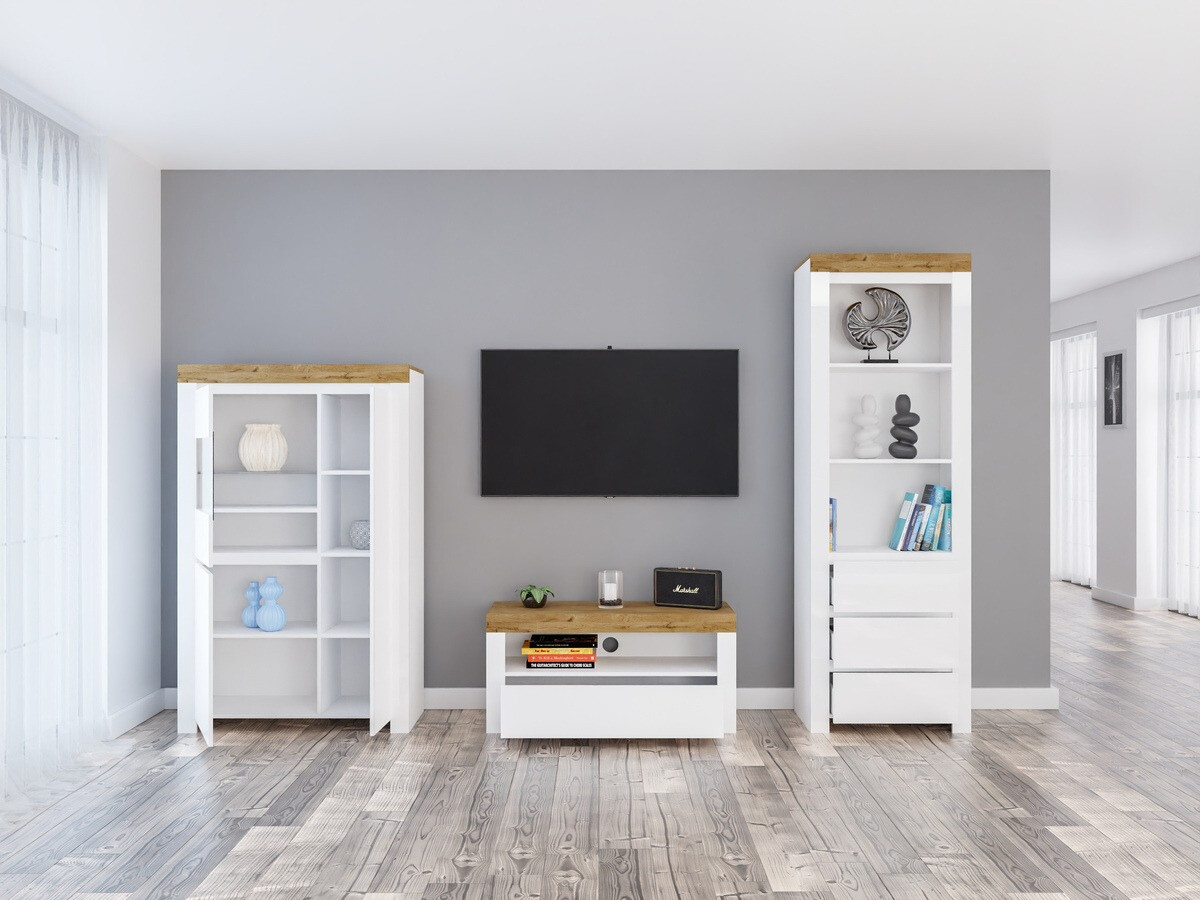 Set za dnevnu sobu Sonsoru 146 (Belo + Sjajno belo + Hrast Votan)