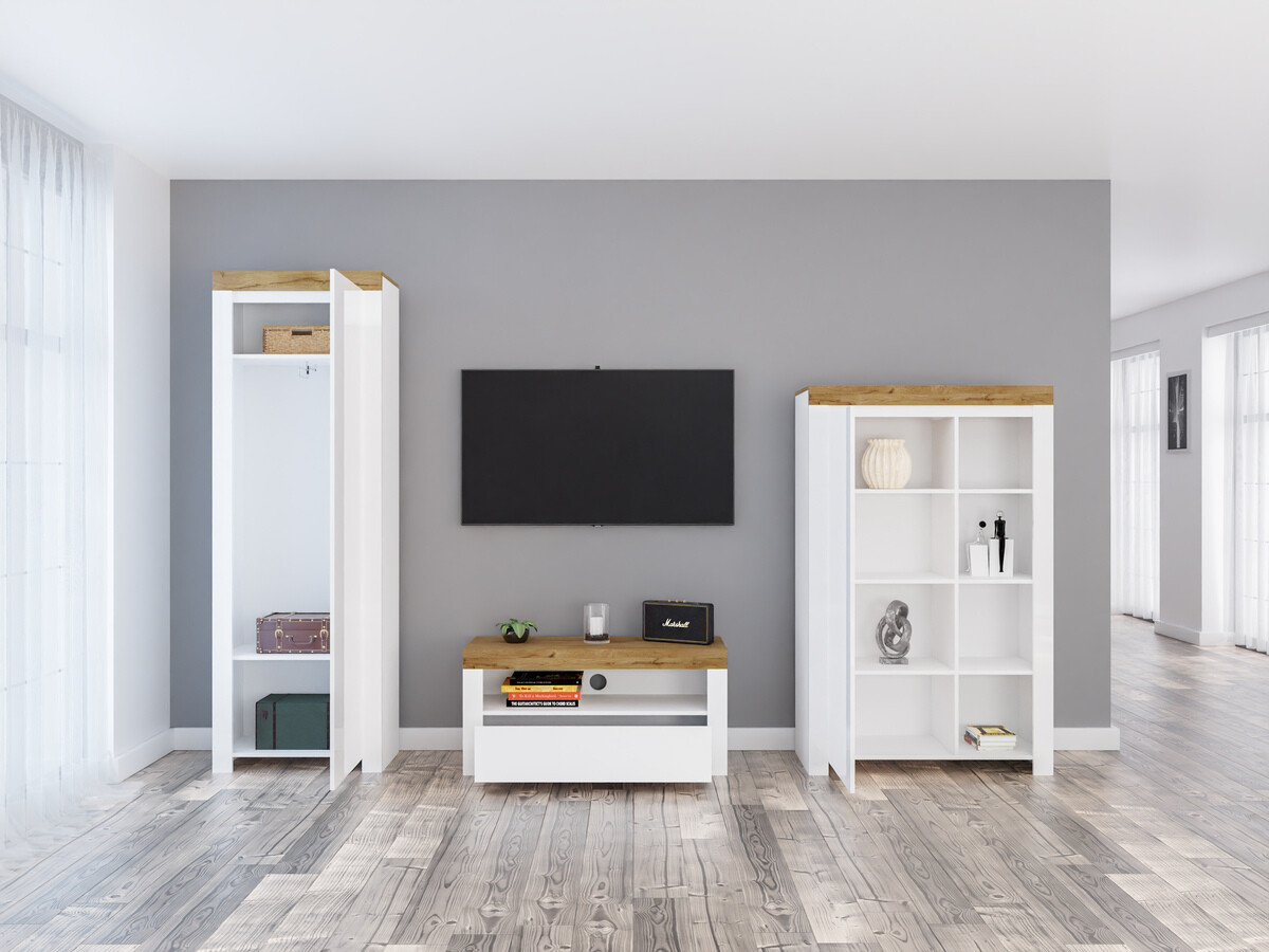 Set za dnevnu sobu Sonsoru 147 (Belo + Sjajno belo + Hrast Votan)