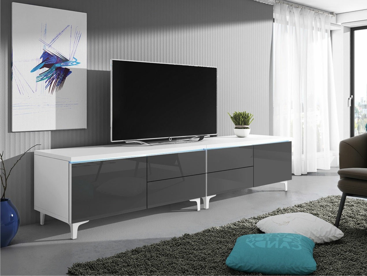 TV komoda Hortus I (Belo + Sjajna siva)