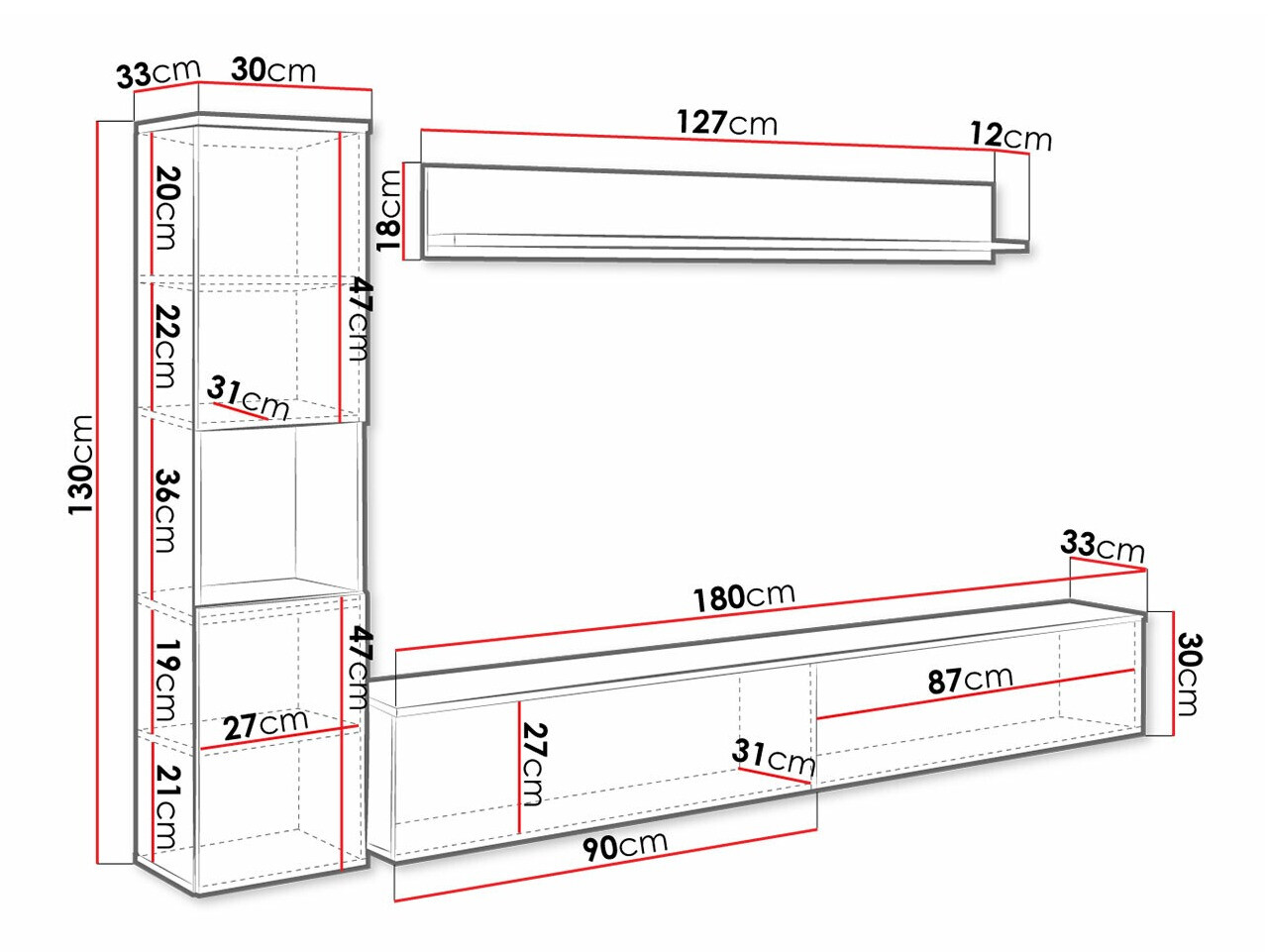Set za dnevnu sobu Sarasota 130 (Tamnosiva + Sjajno belo)