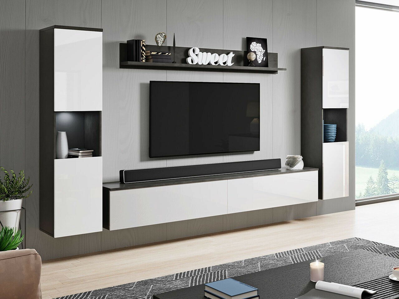 Set za dnevnu sobu Sarasota 131 (Tamnosiva + Sjajno belo)