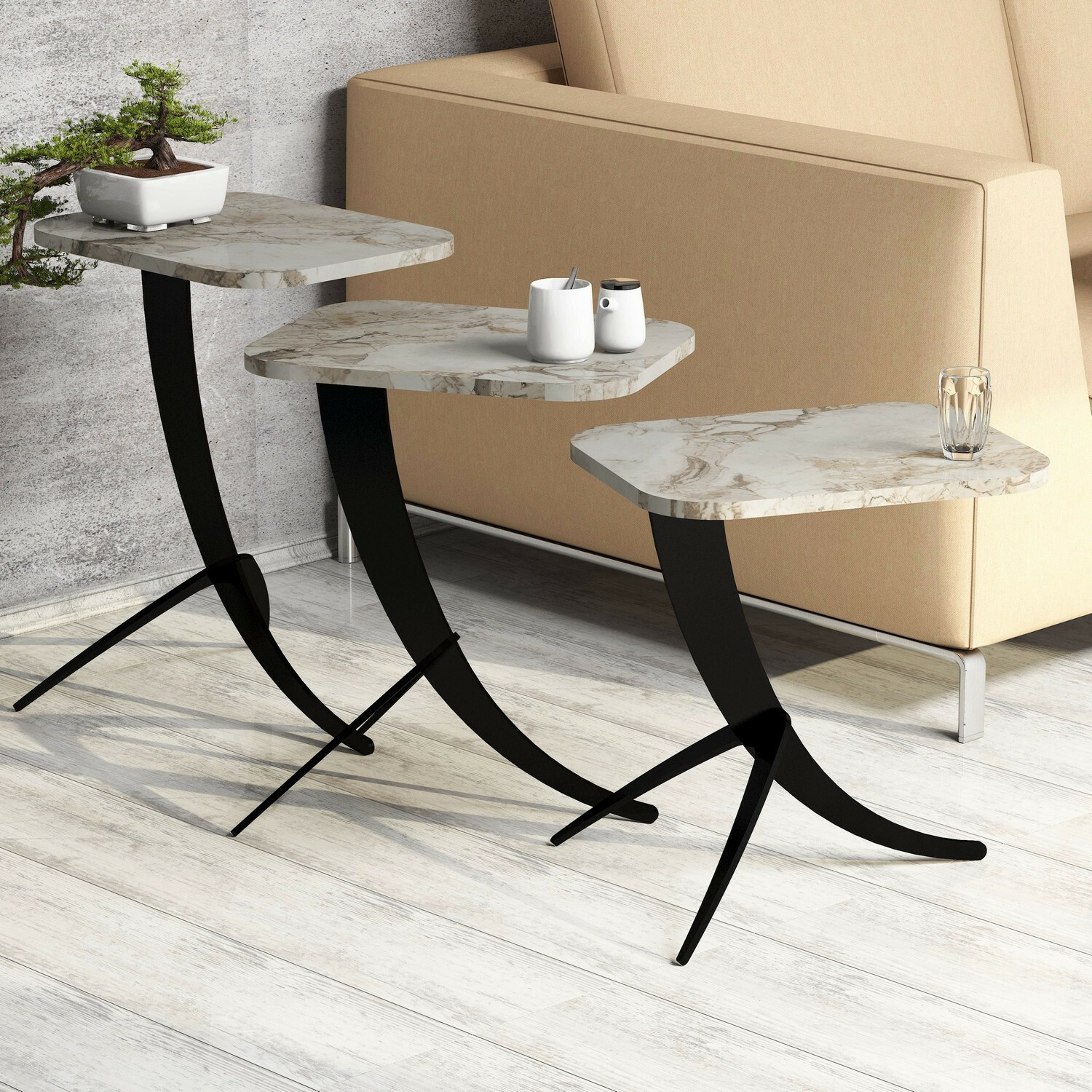 Set pomoćnih stočića Kailua 1622 (Beli mermer + Crno)